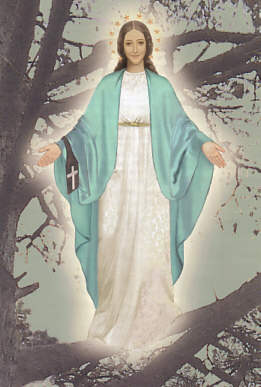 Religious figure with halo and blue robe.